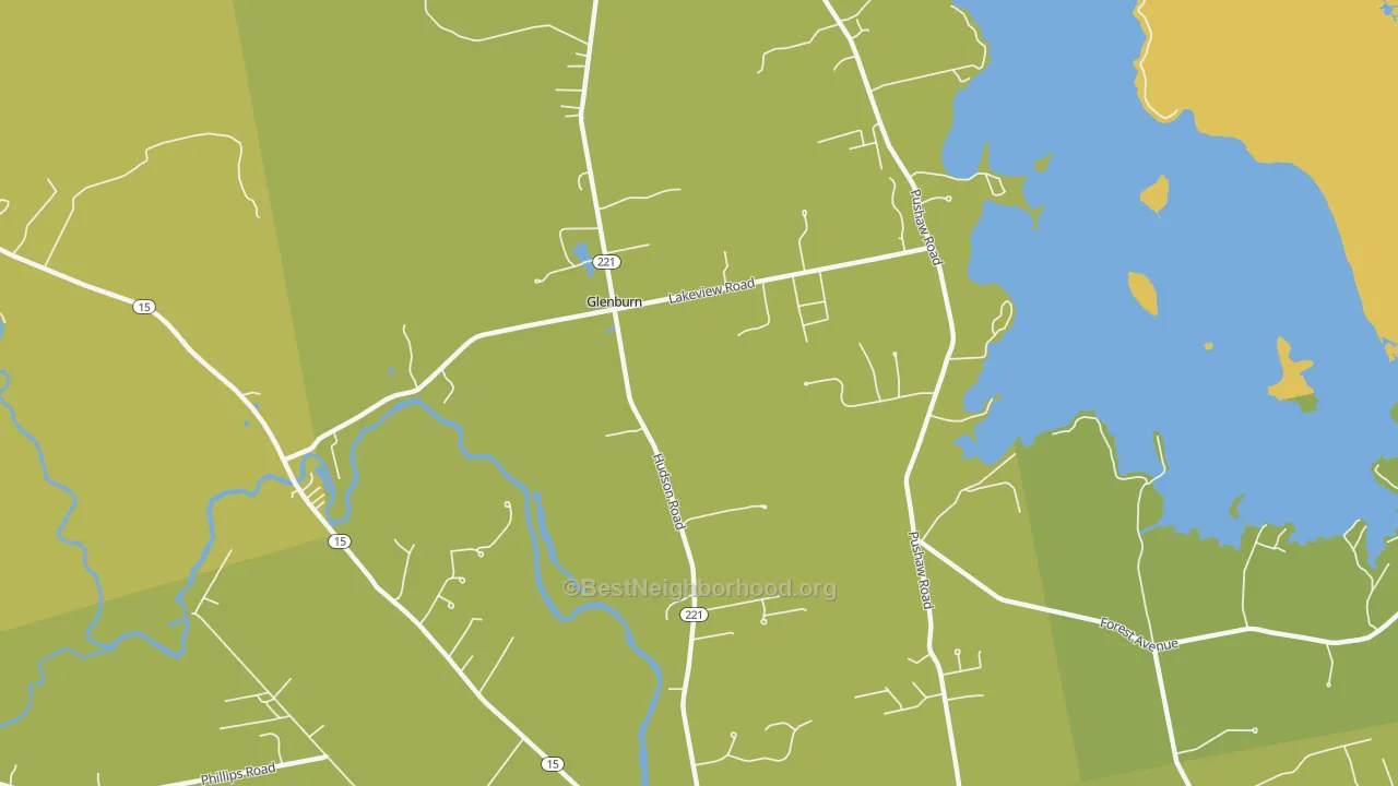 Map of the best neighborhoods in the Glenburn Center area, with better matches in green and worse matches in red
