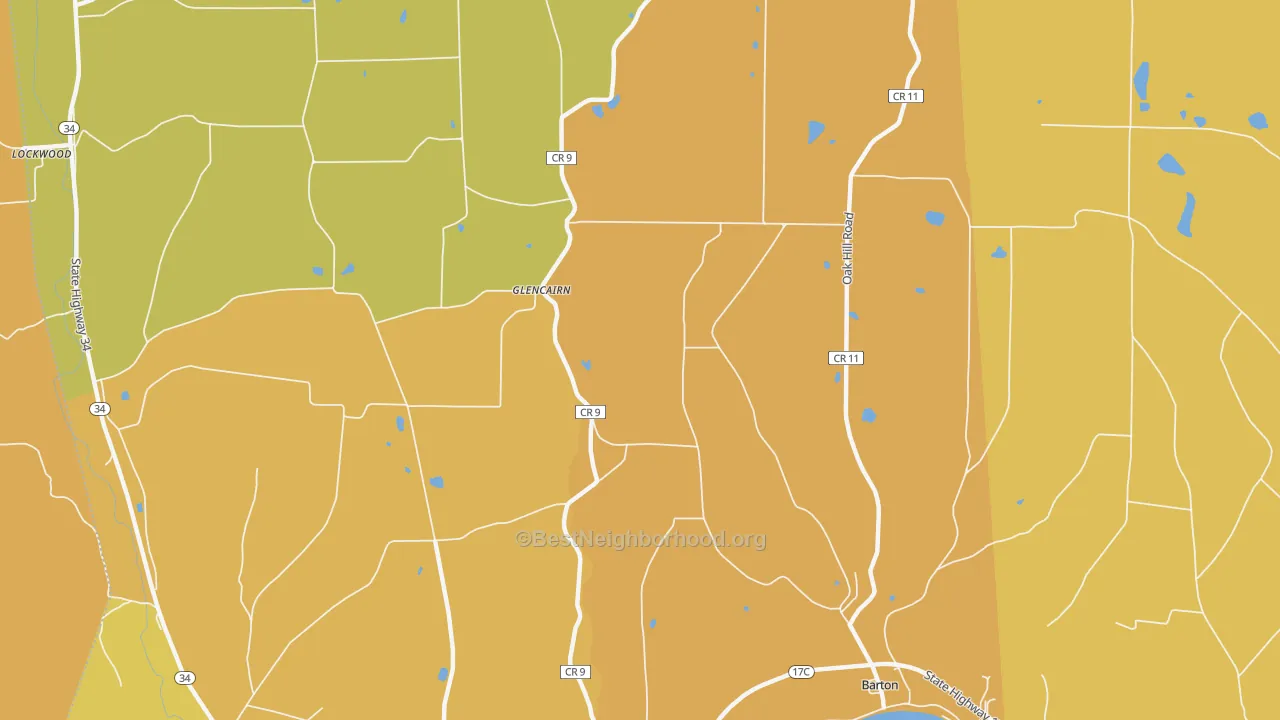 Map of the best neighborhoods in the Glencairn area, with better matches in green and worse matches in red