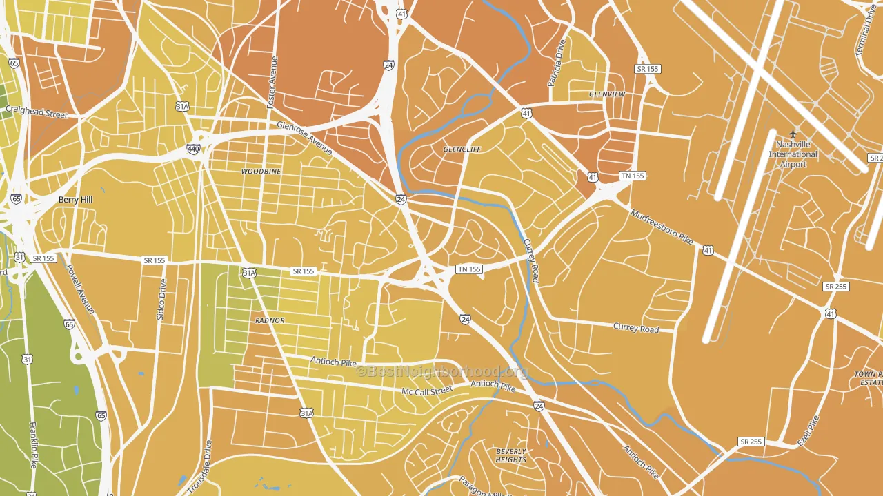 Map of the best neighborhoods in the Glencliff, Nashville area, with better matches in green and worse matches in red