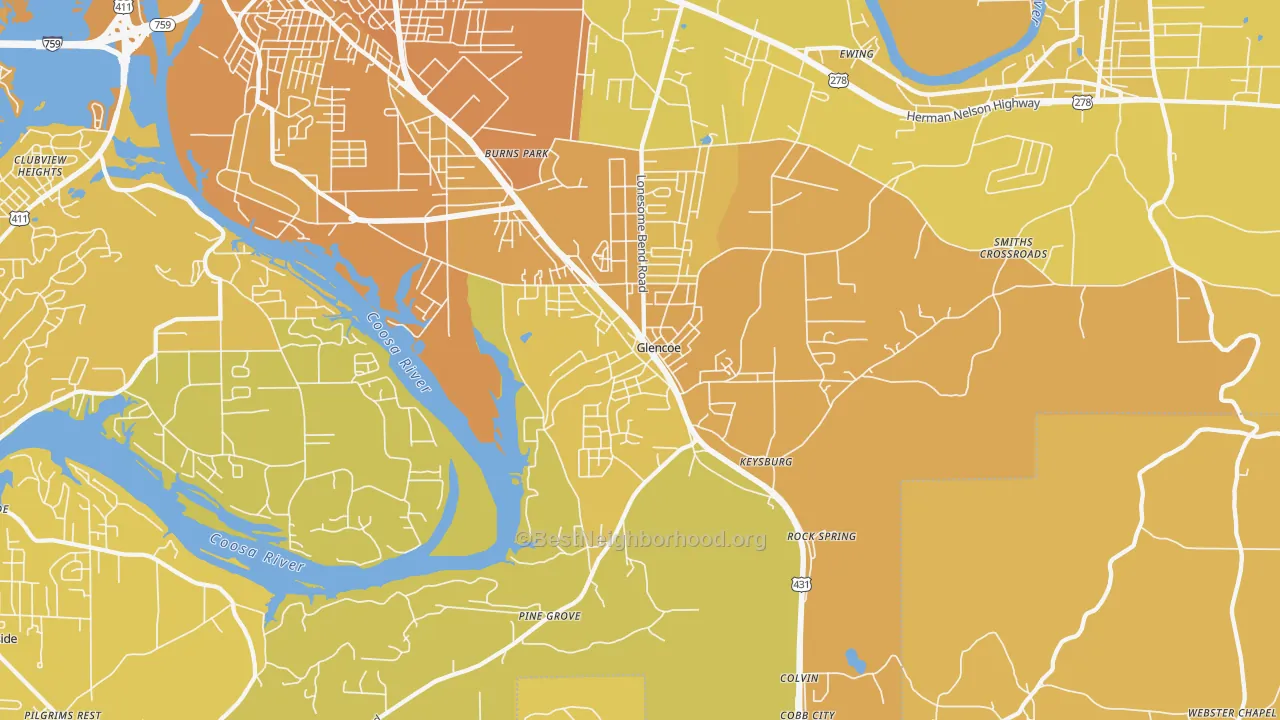 Map of the best neighborhoods in the Glencoe area, with better matches in green and worse matches in red