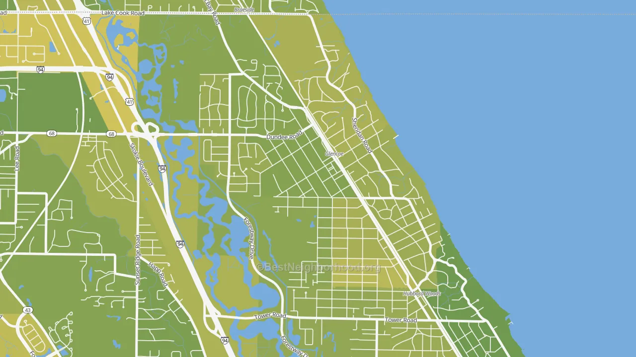 Map of the best neighborhoods in the Glencoe area, with better matches in green and worse matches in red