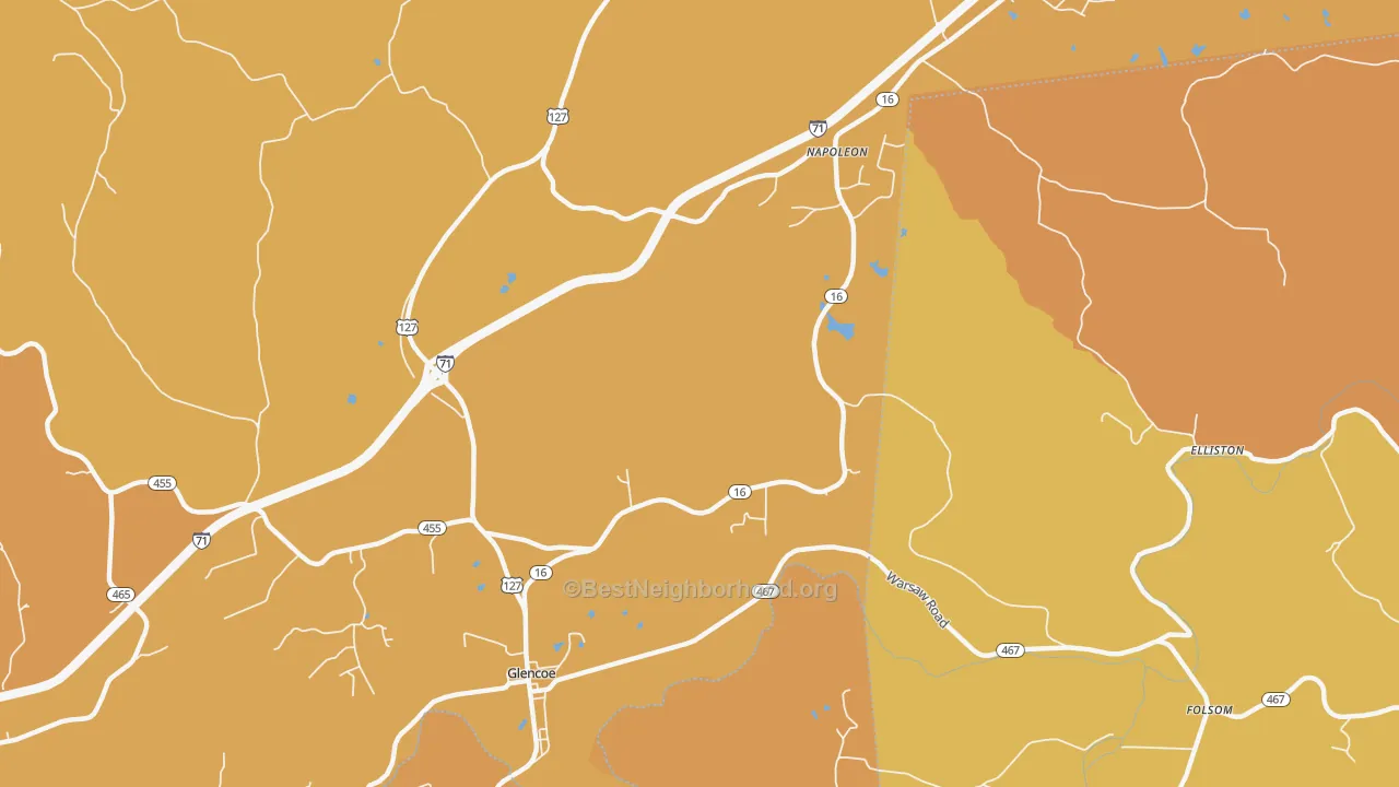 Map of the best neighborhoods in the Glencoe area, with better matches in green and worse matches in red