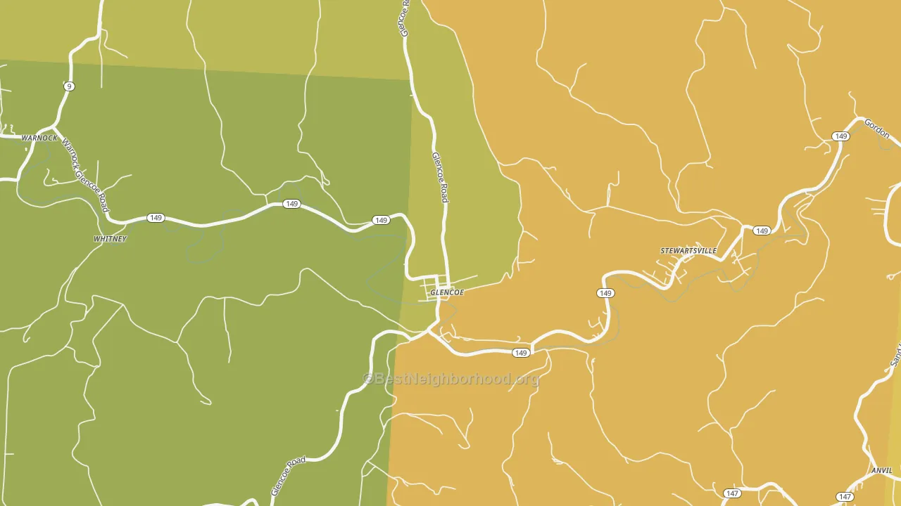 Map of the best neighborhoods in the Glencoe area, with better matches in green and worse matches in red