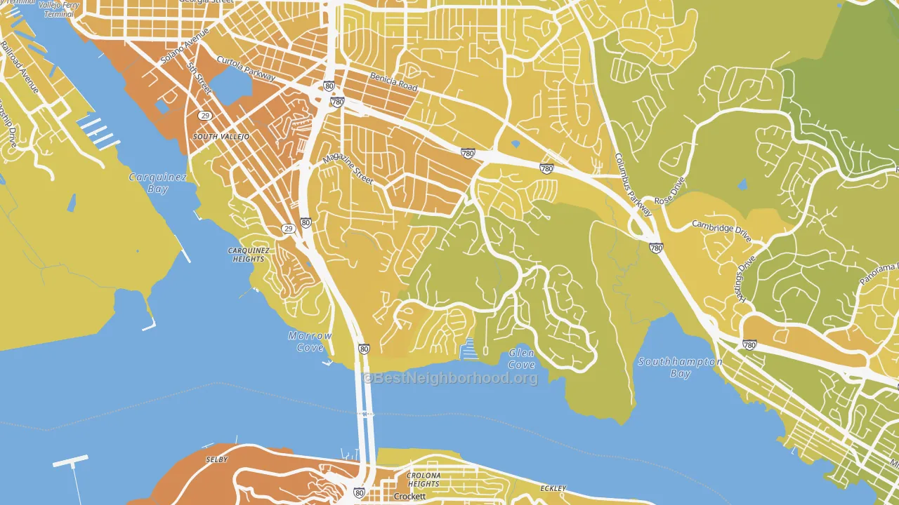 Map of the best neighborhoods in the Glencove, Vallejo area, with better matches in green and worse matches in red