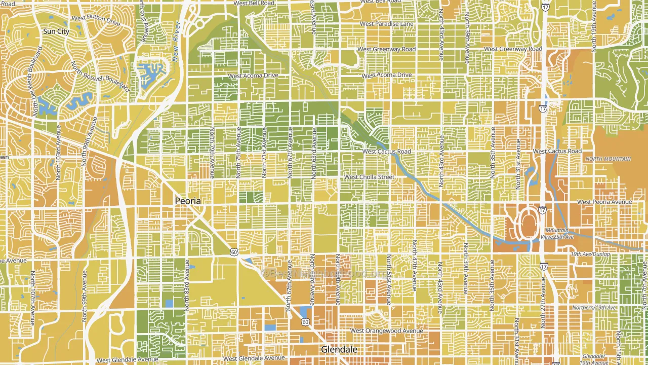 Map of the best neighborhoods in the Glendale area, with better matches in green and worse matches in red
