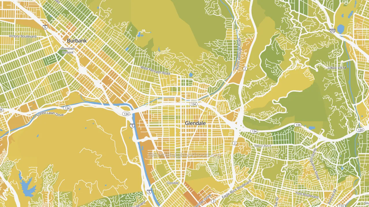 Map of the best neighborhoods in the Glendale area, with better matches in green and worse matches in red