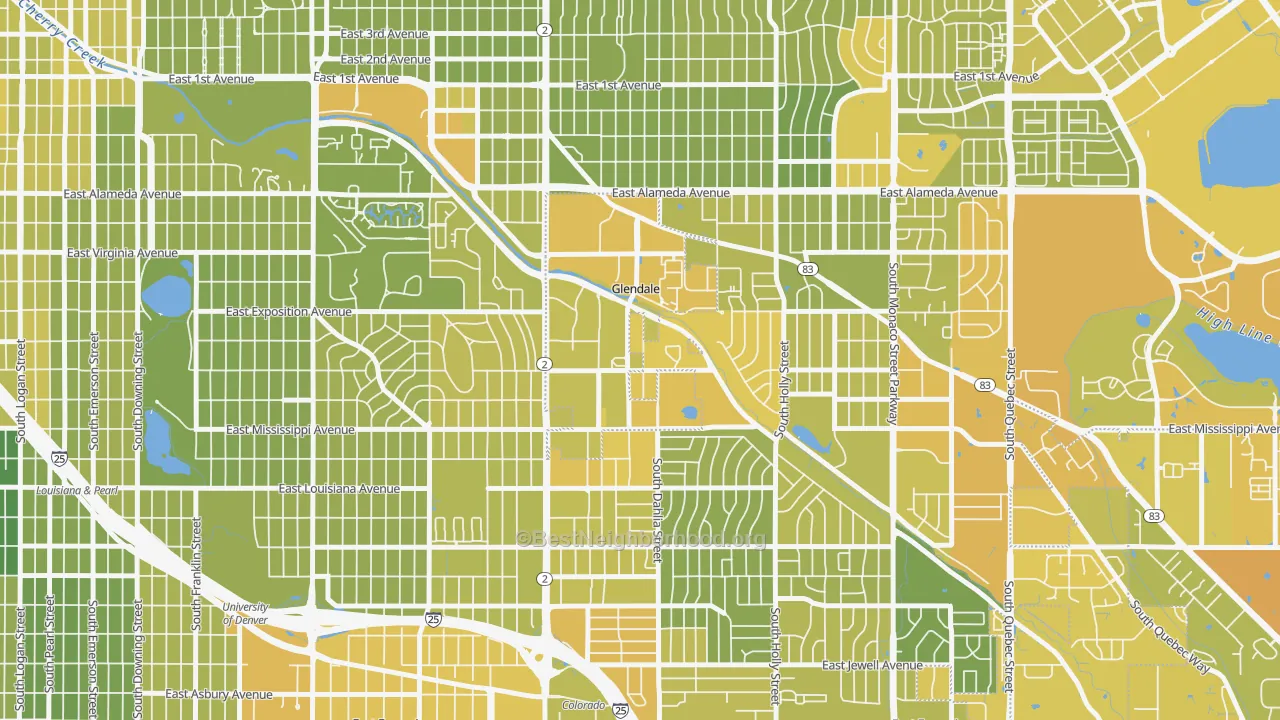 Map of the best neighborhoods in the Glendale area, with better matches in green and worse matches in red