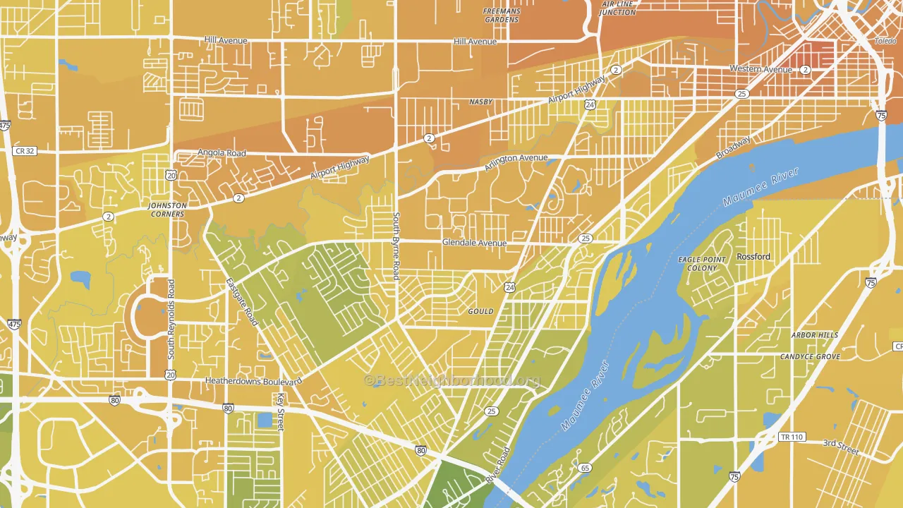 Map of the best neighborhoods in the Glendale-Heatherdowns, Toledo area, with better matches in green and worse matches in red