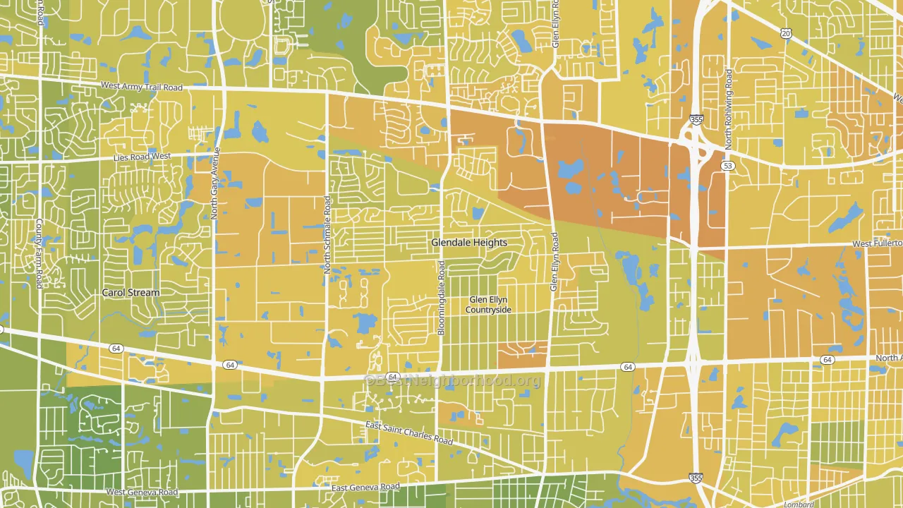 Map of the best neighborhoods in the Glendale Heights area, with better matches in green and worse matches in red