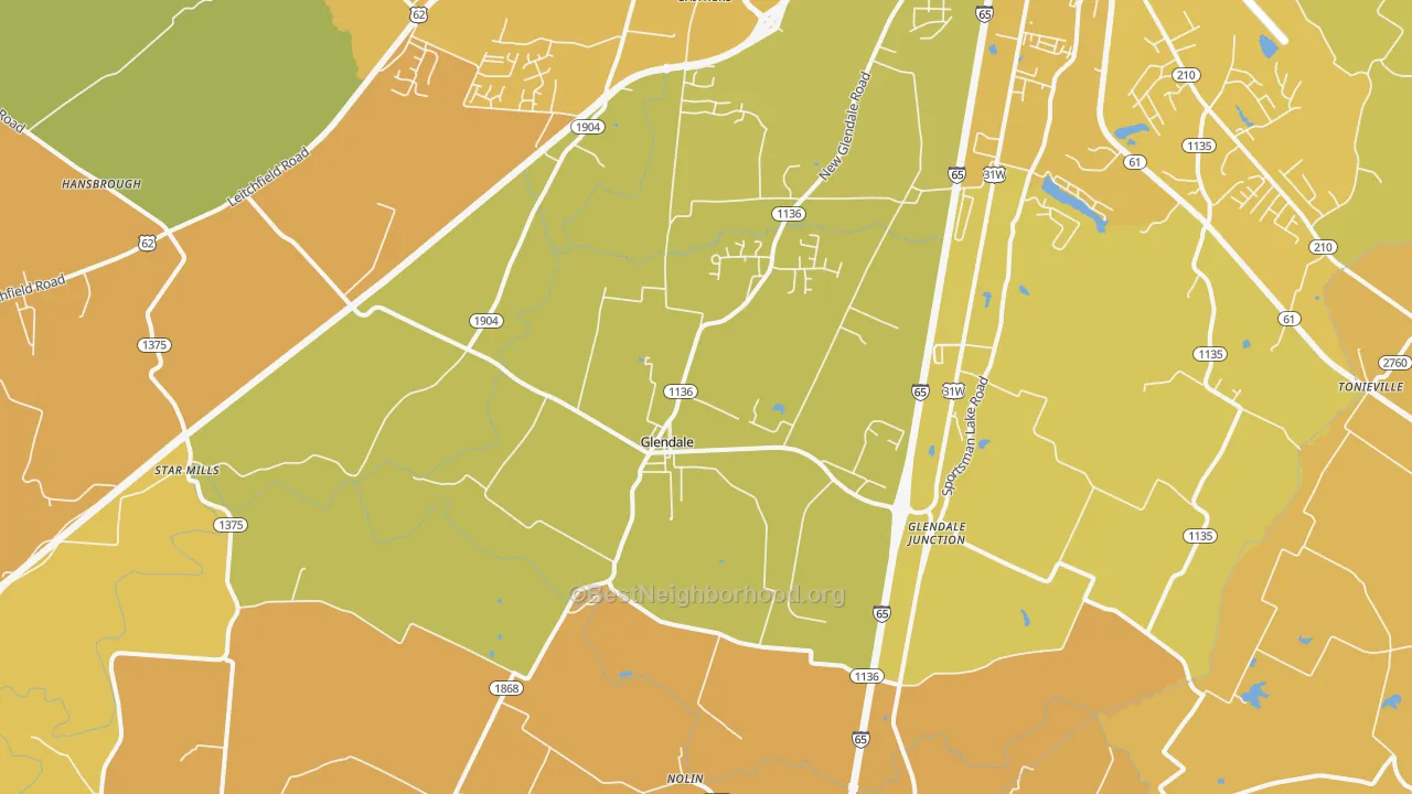 Map of the best neighborhoods in the Glendale area, with better matches in green and worse matches in red
