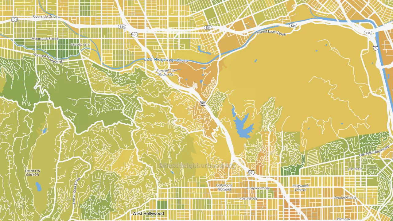 Map of the best neighborhoods in the Glendale, Los Angeles area, with better matches in green and worse matches in red