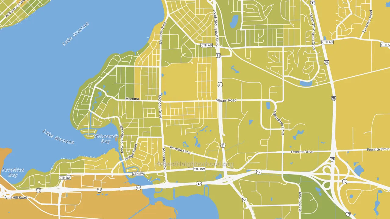 Map of the best neighborhoods in the Glendale, Madison area, with better matches in green and worse matches in red
