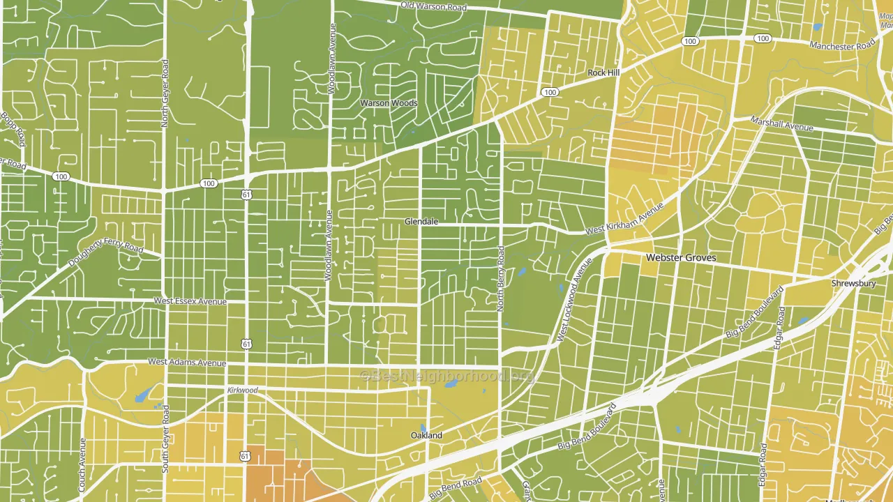 Map of the best neighborhoods in the Glendale area, with better matches in green and worse matches in red
