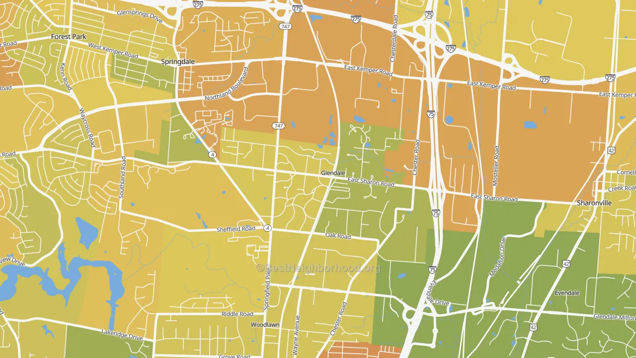 Map of the best neighborhoods in the Glendale area, with better matches in green and worse matches in red