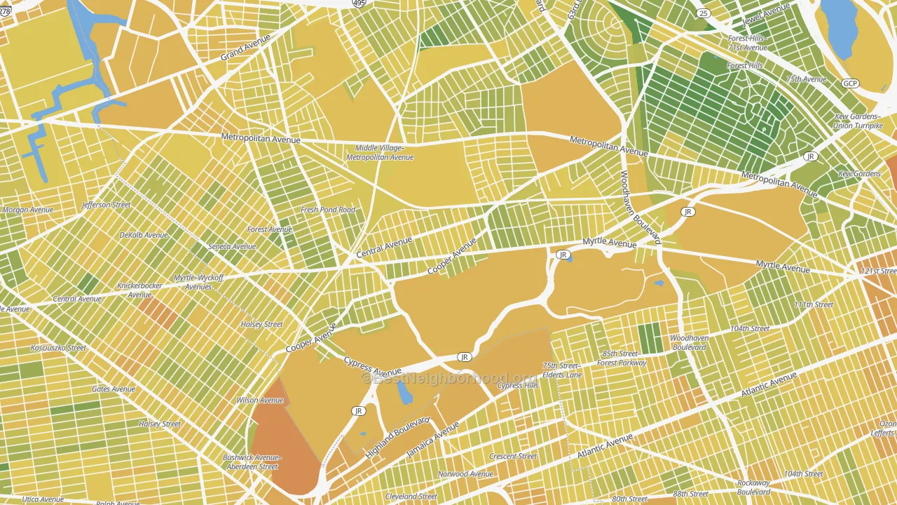 Map of the best neighborhoods in the Glendale, Queens area, with better matches in green and worse matches in red