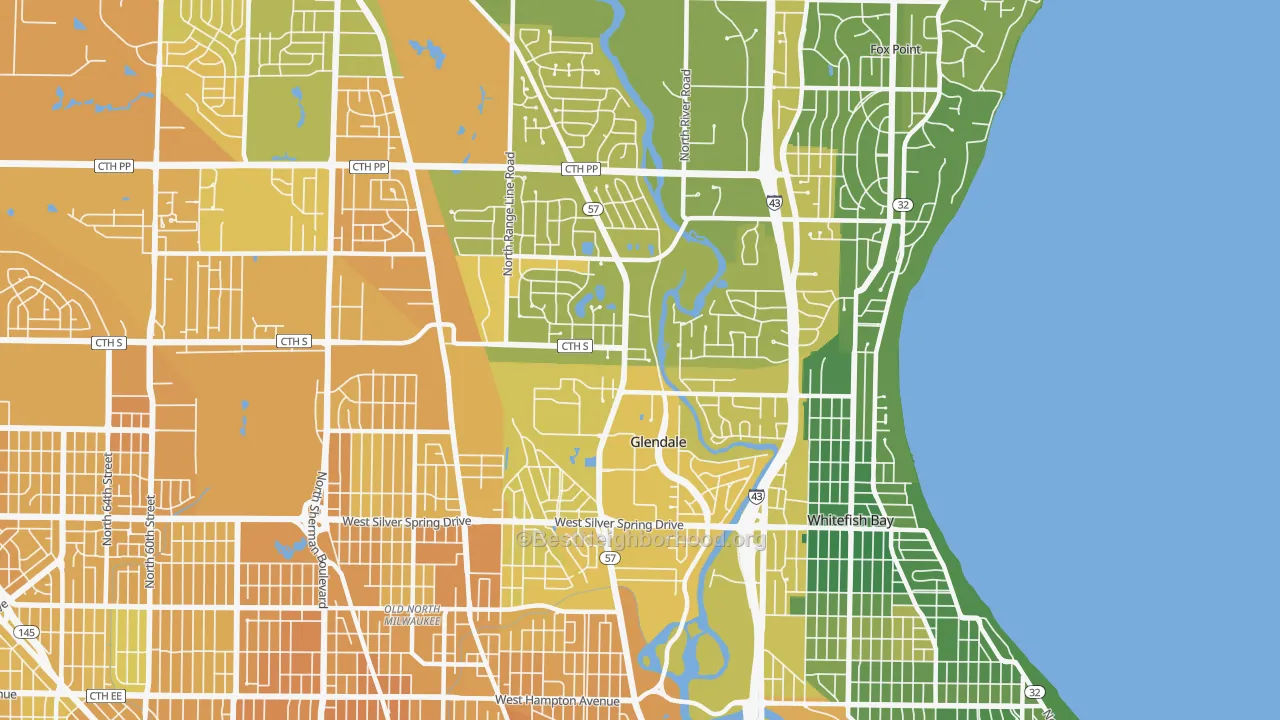 Map of the best neighborhoods in the Glendale area, with better matches in green and worse matches in red