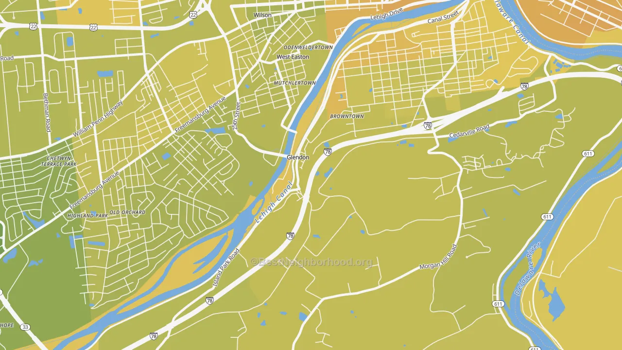 Map of the best neighborhoods in the Glendon area, with better matches in green and worse matches in red