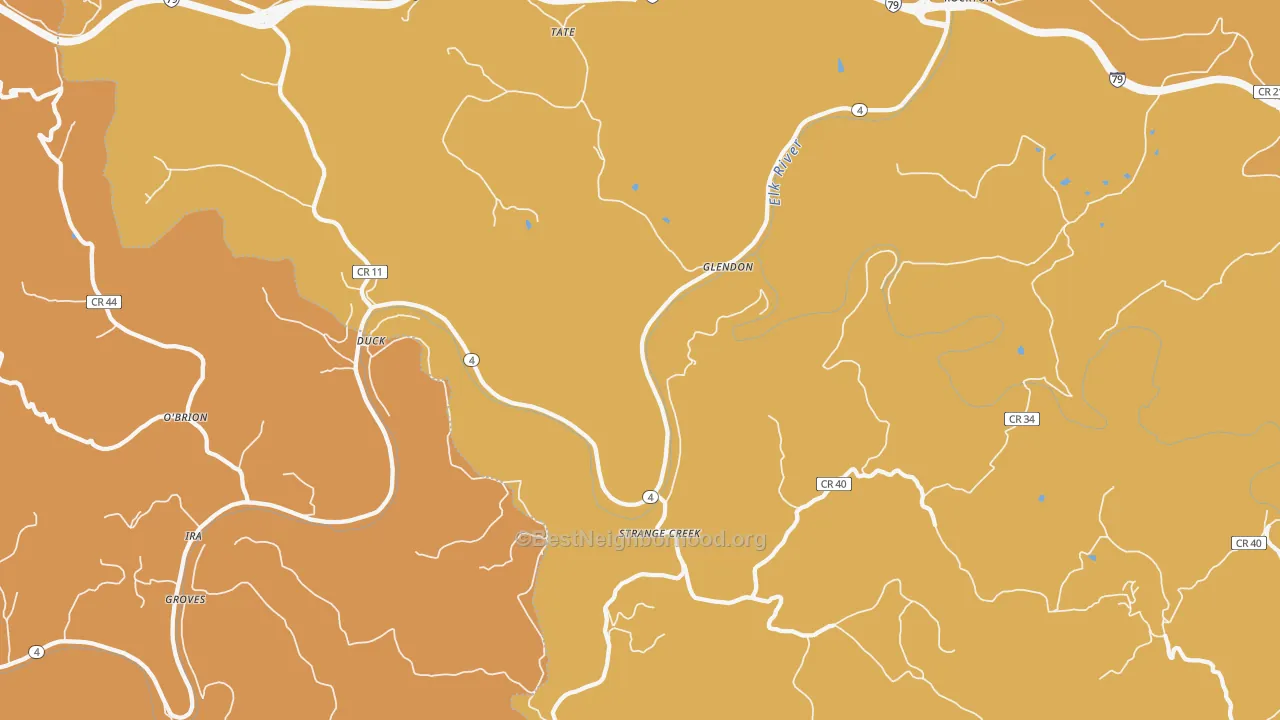 Map of the best neighborhoods in the Glendon area, with better matches in green and worse matches in red