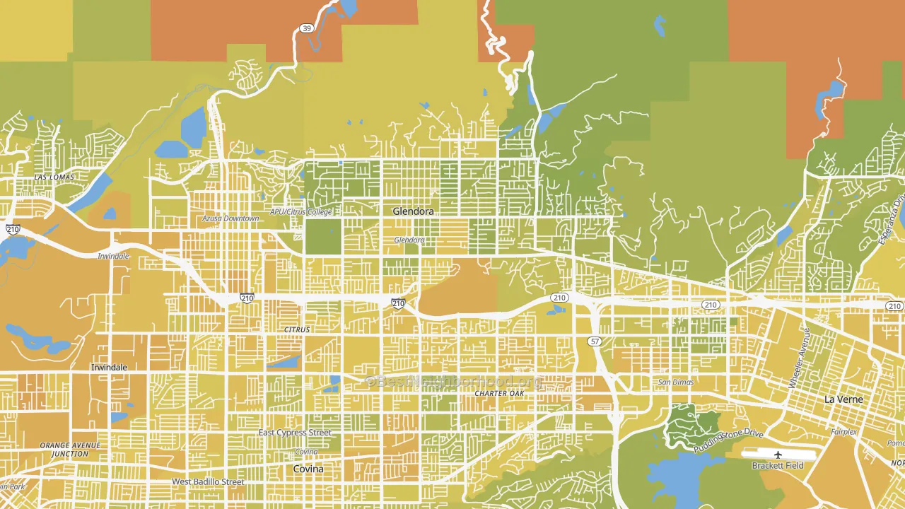 Map of the best neighborhoods in the Glendora area, with better matches in green and worse matches in red