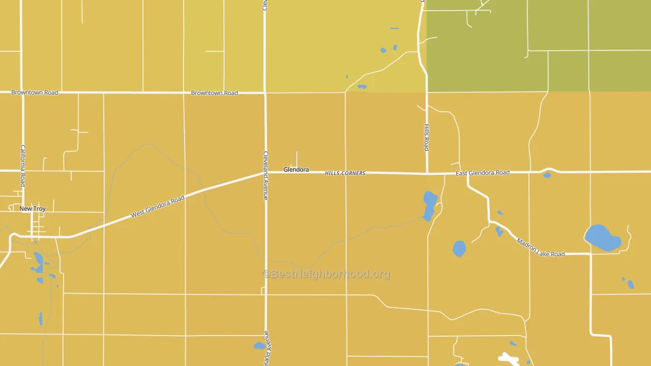 Map of the best neighborhoods in the Glendora area, with better matches in green and worse matches in red