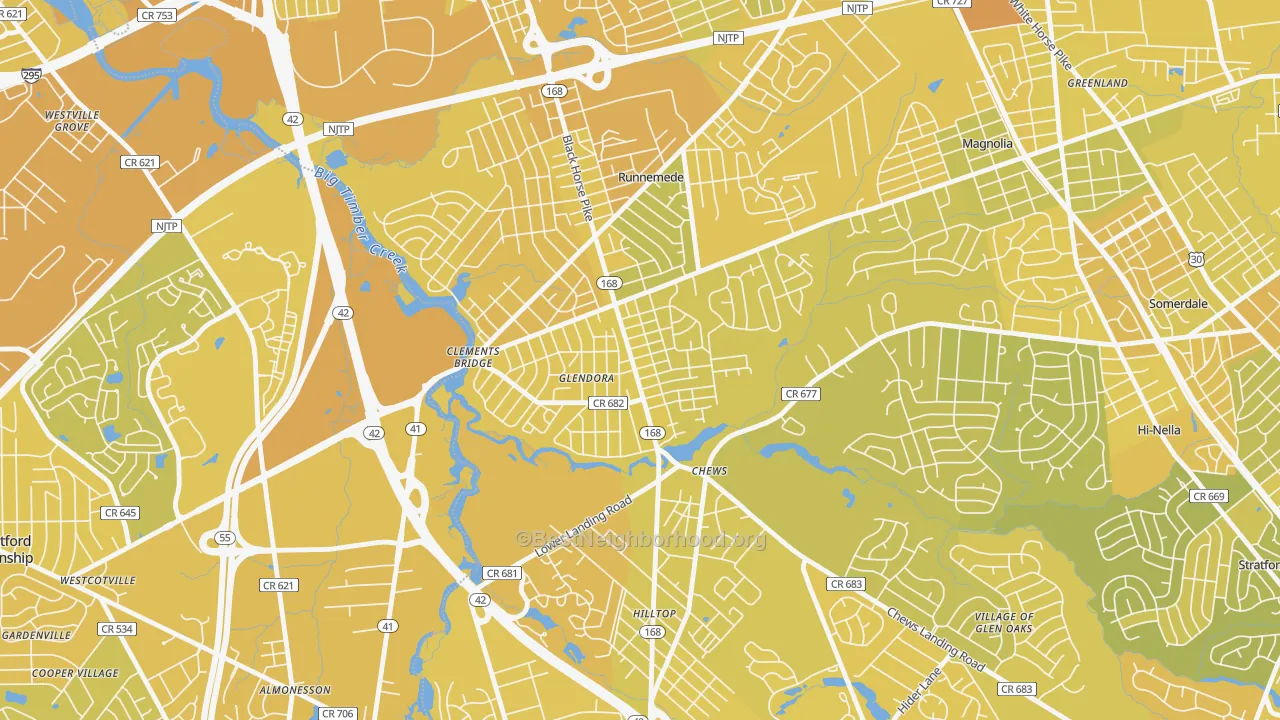 Map of the best neighborhoods in the Glendora area, with better matches in green and worse matches in red