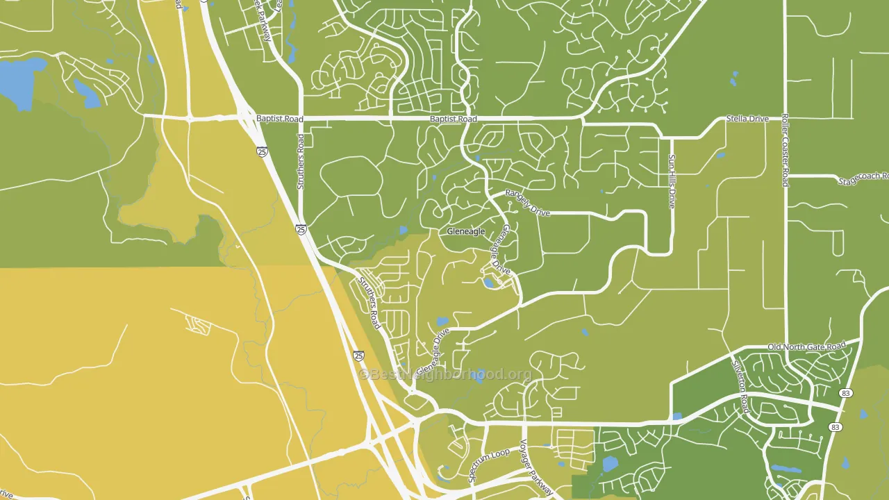 Map of the best neighborhoods in the Gleneagle area, with better matches in green and worse matches in red