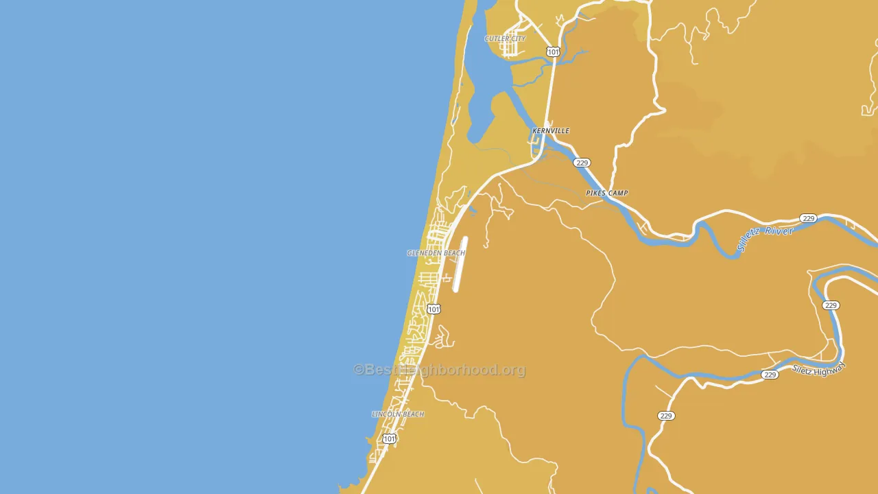 Map of the best neighborhoods in the Gleneden Beach area, with better matches in green and worse matches in red