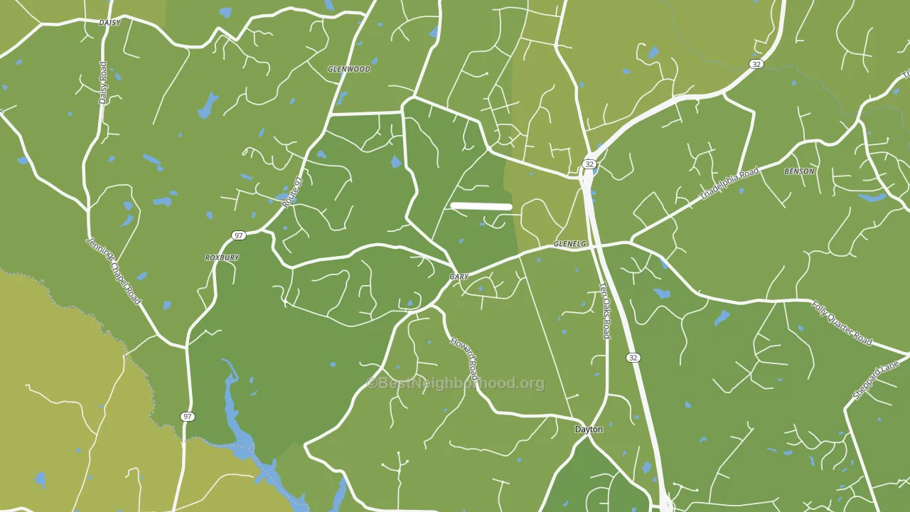 Map of the best neighborhoods in the Glenelg area, with better matches in green and worse matches in red