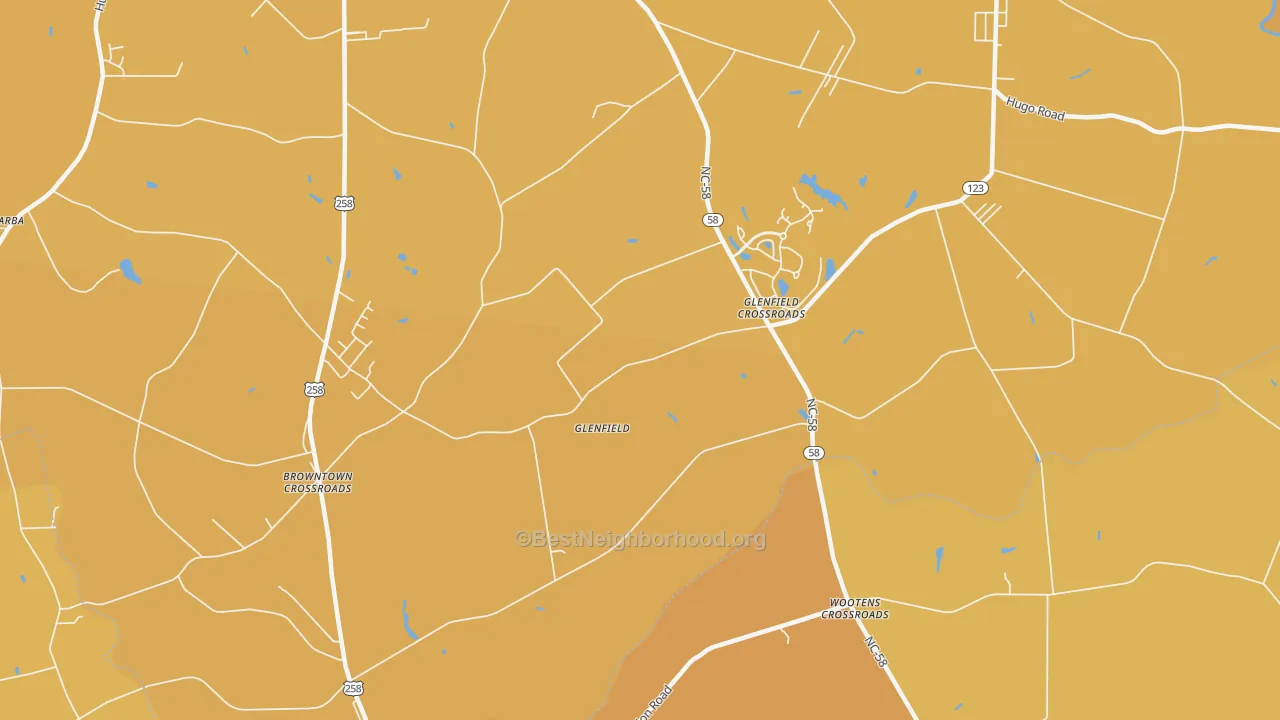 Map of the best neighborhoods in the Glenfield area, with better matches in green and worse matches in red