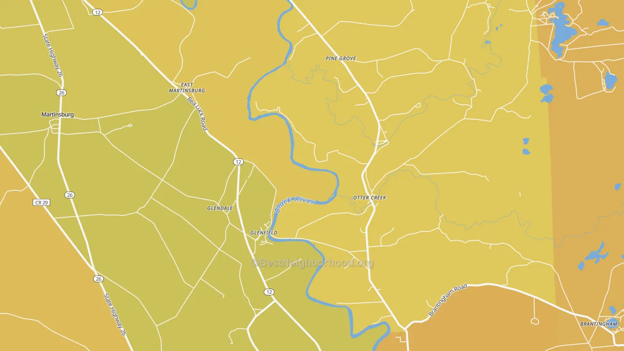 Map of the best neighborhoods in the Glenfield area, with better matches in green and worse matches in red