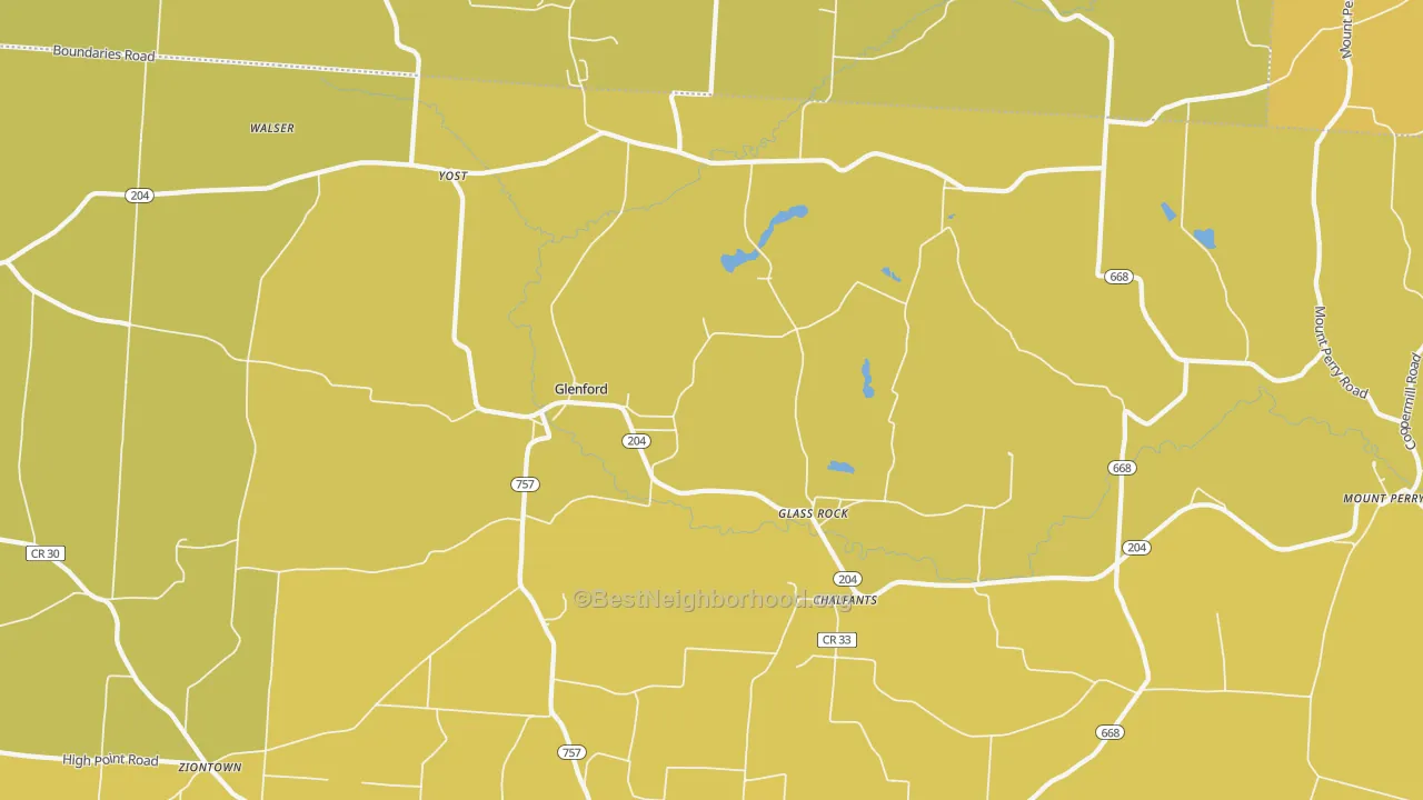 Map of the best neighborhoods in the Glenford area, with better matches in green and worse matches in red
