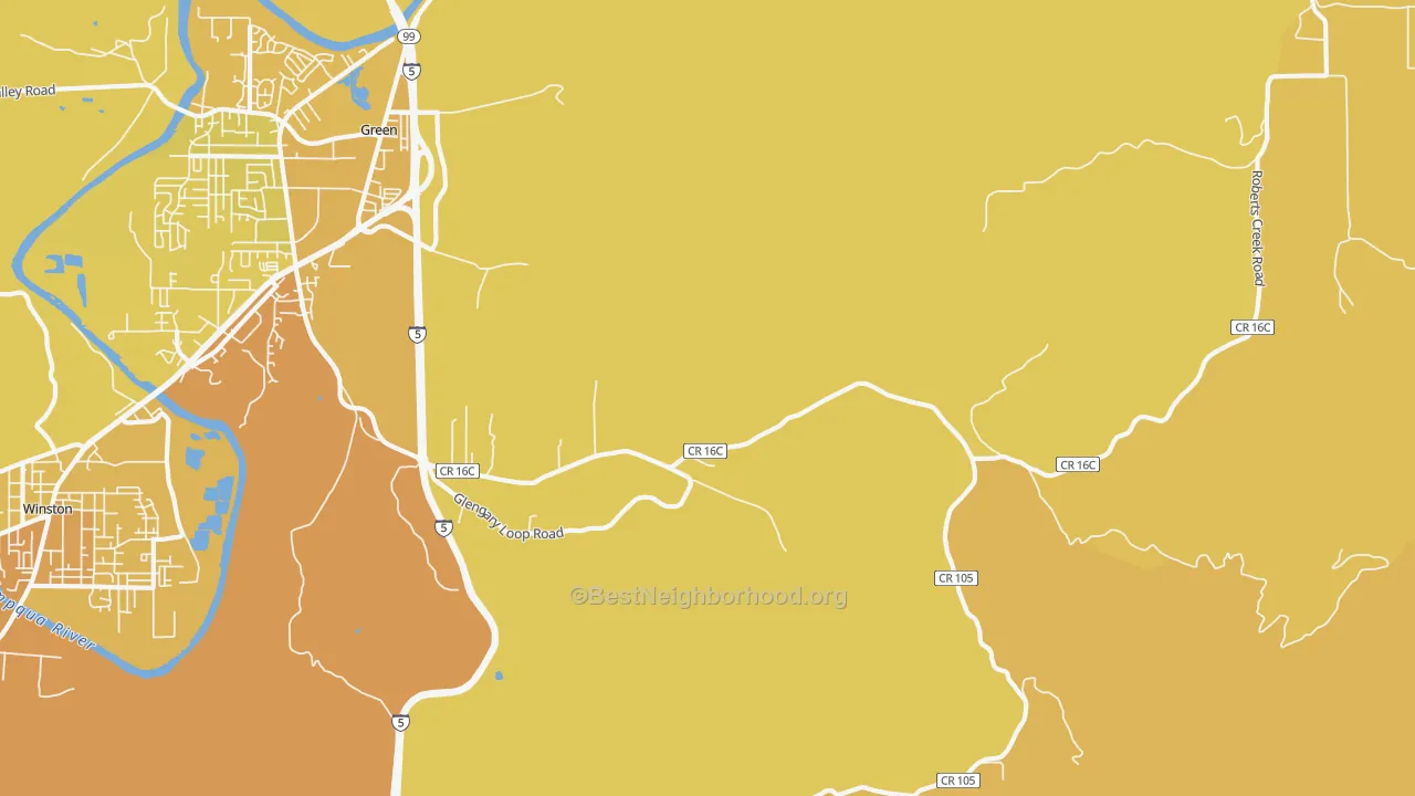 Map of the best neighborhoods in the Glengary area, with better matches in green and worse matches in red