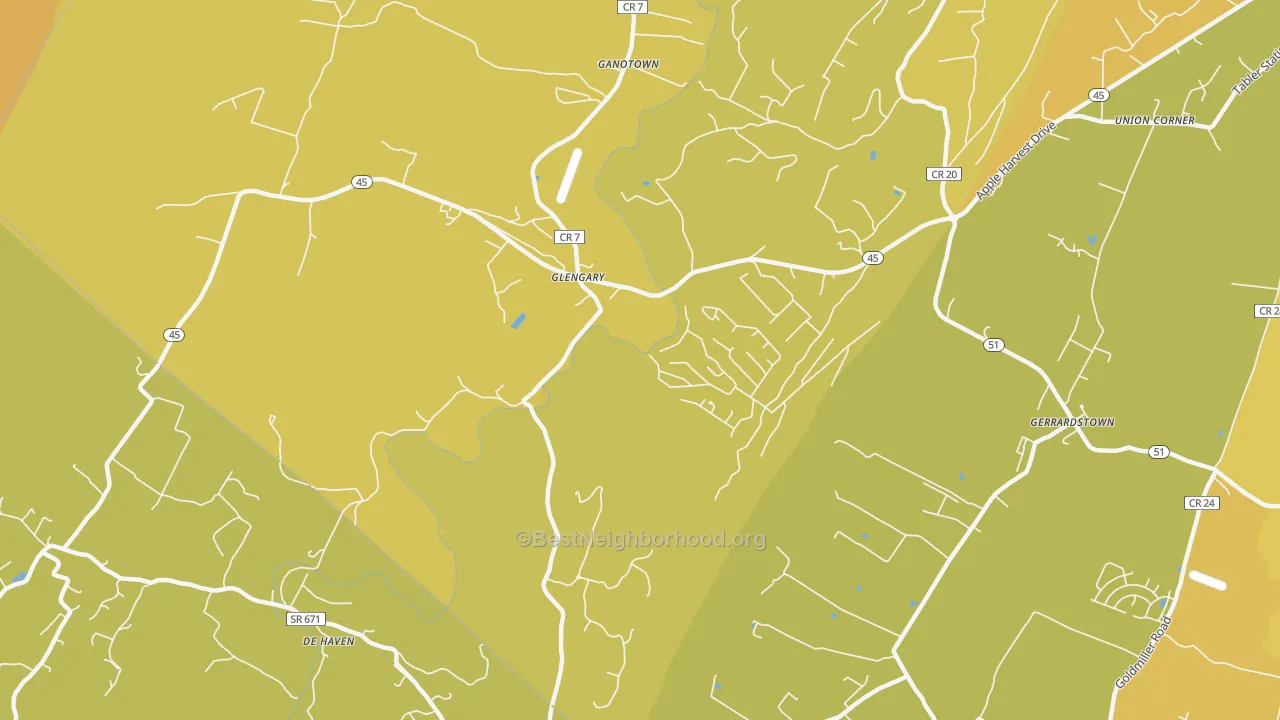 Map of the best neighborhoods in the Glengary area, with better matches in green and worse matches in red