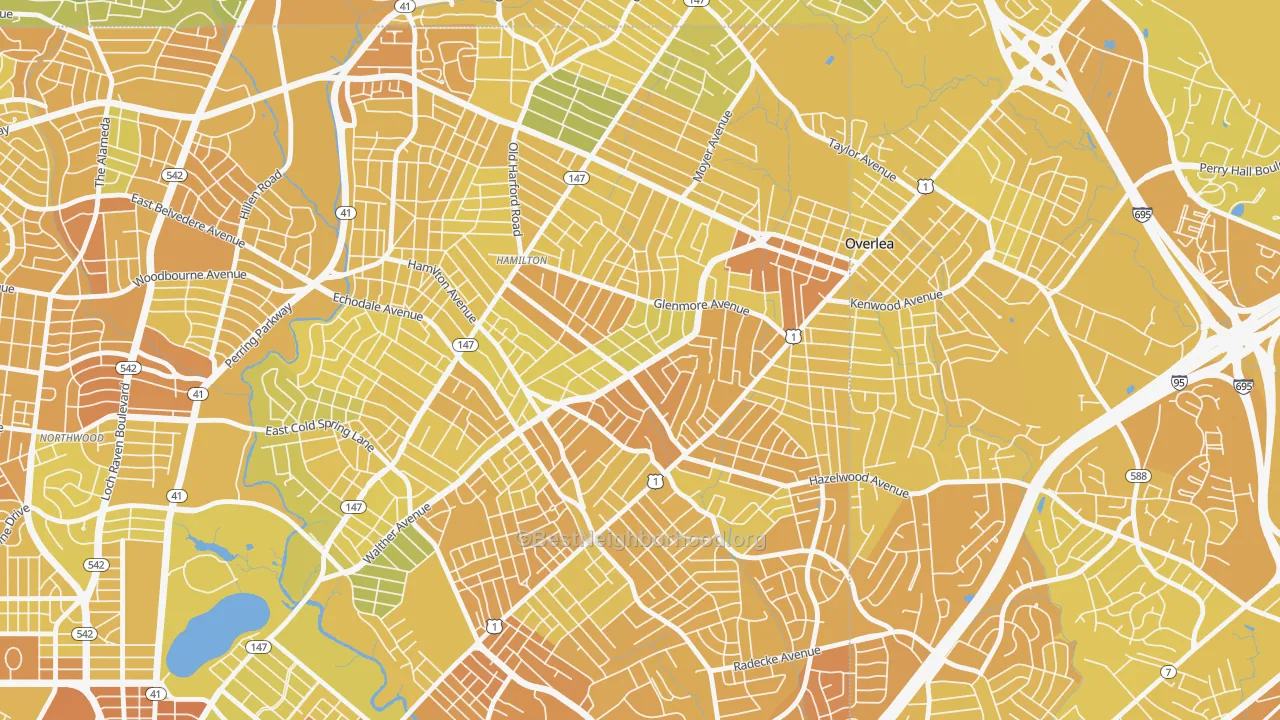Map of the best neighborhoods in the Glenham-Belhar, Baltimore area, with better matches in green and worse matches in red