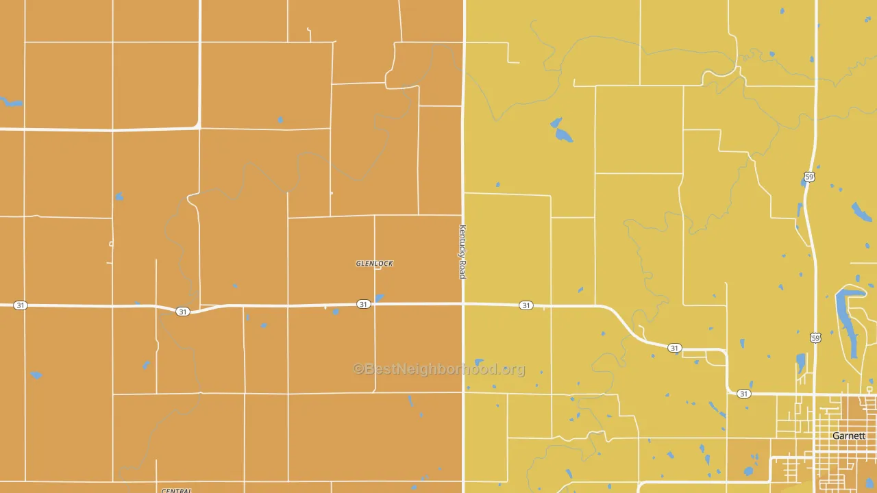 Map of the best neighborhoods in the Glenlock area, with better matches in green and worse matches in red