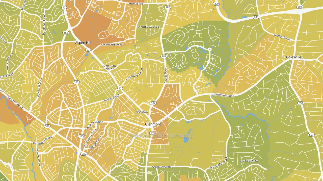 Map of the best neighborhoods in the Glenmont area, with better matches in green and worse matches in red