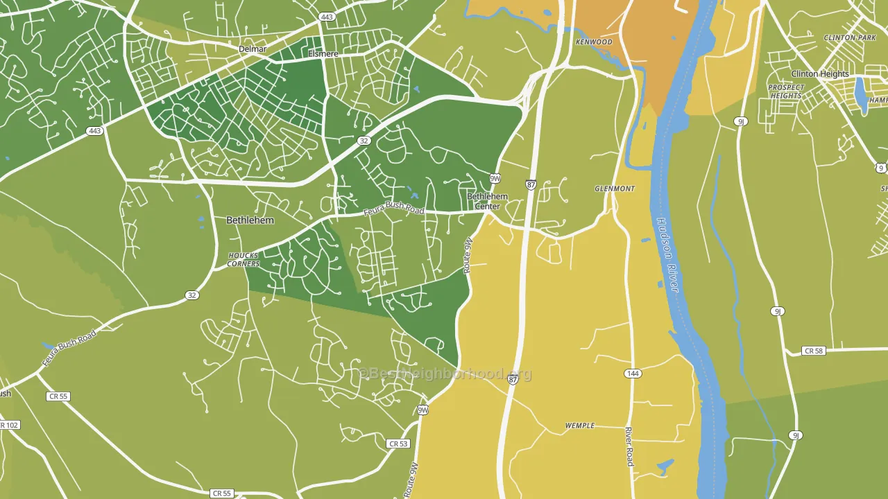 Map of the best neighborhoods in the Glenmont area, with better matches in green and worse matches in red