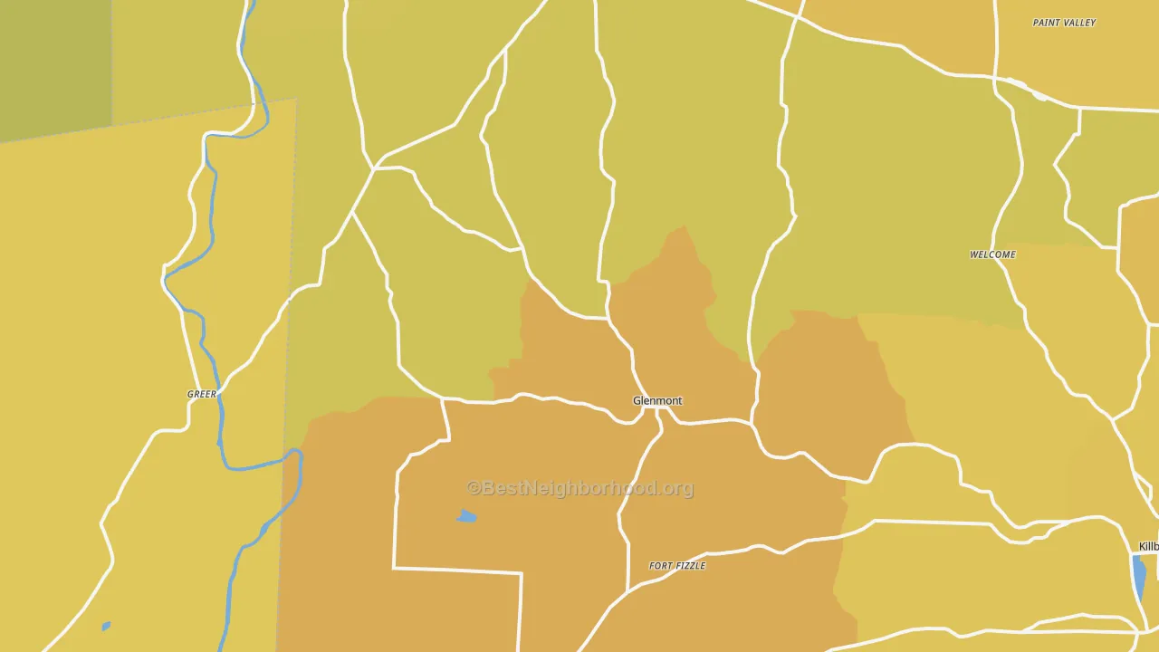 Map of the best neighborhoods in the Glenmont area, with better matches in green and worse matches in red