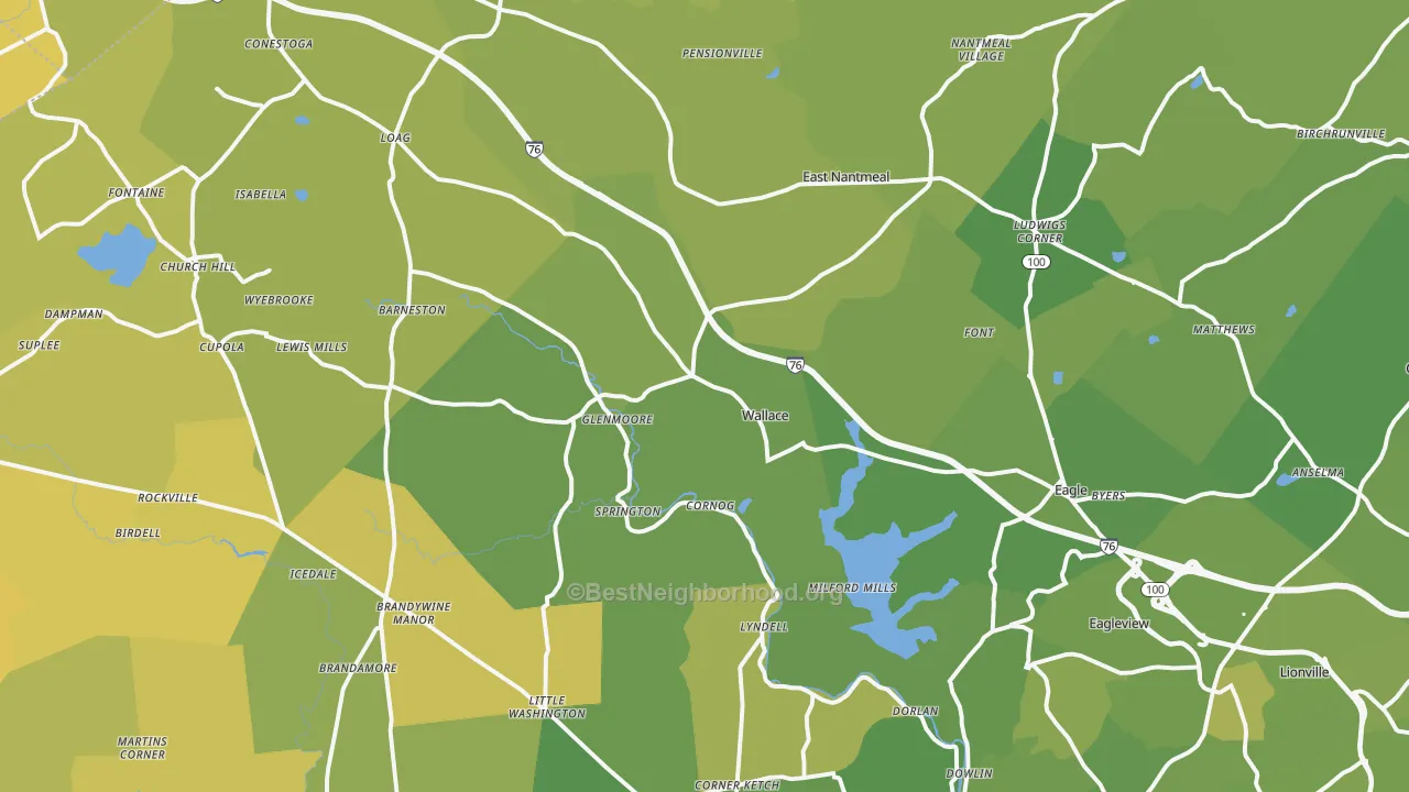 Map of the best neighborhoods in the Glenmoore area, with better matches in green and worse matches in red