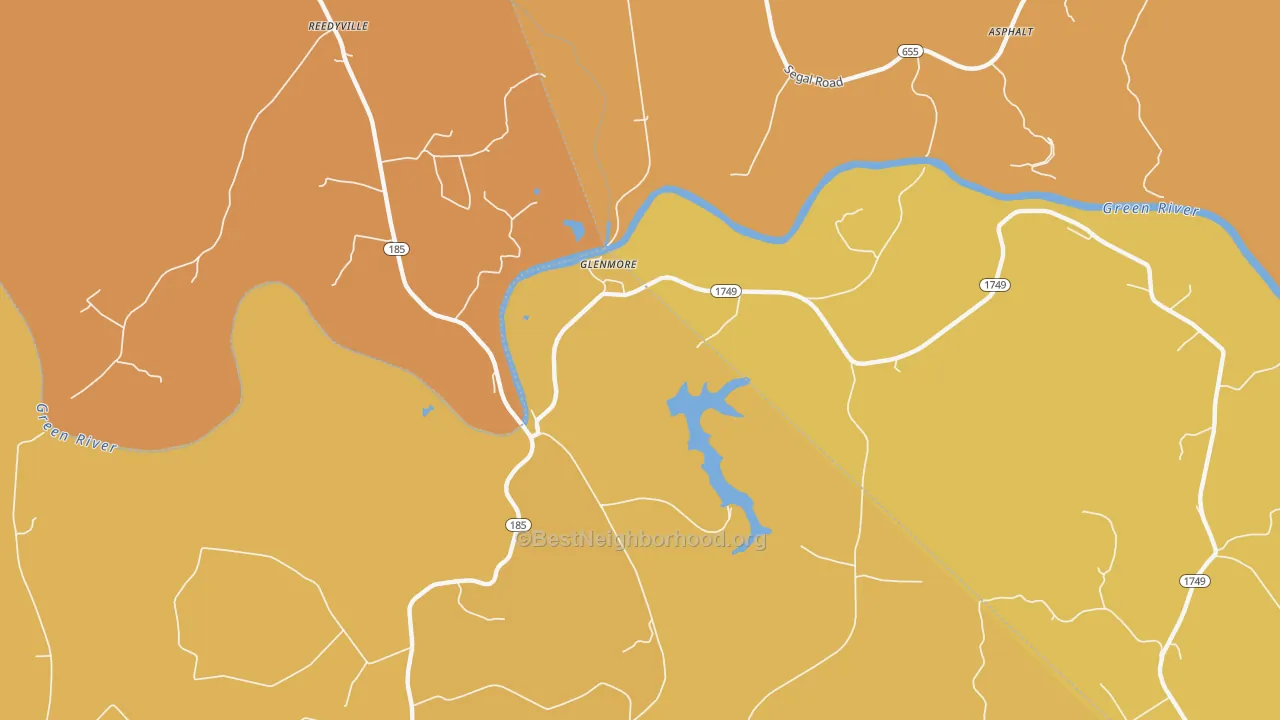 Map of the best neighborhoods in the Glenmore area, with better matches in green and worse matches in red