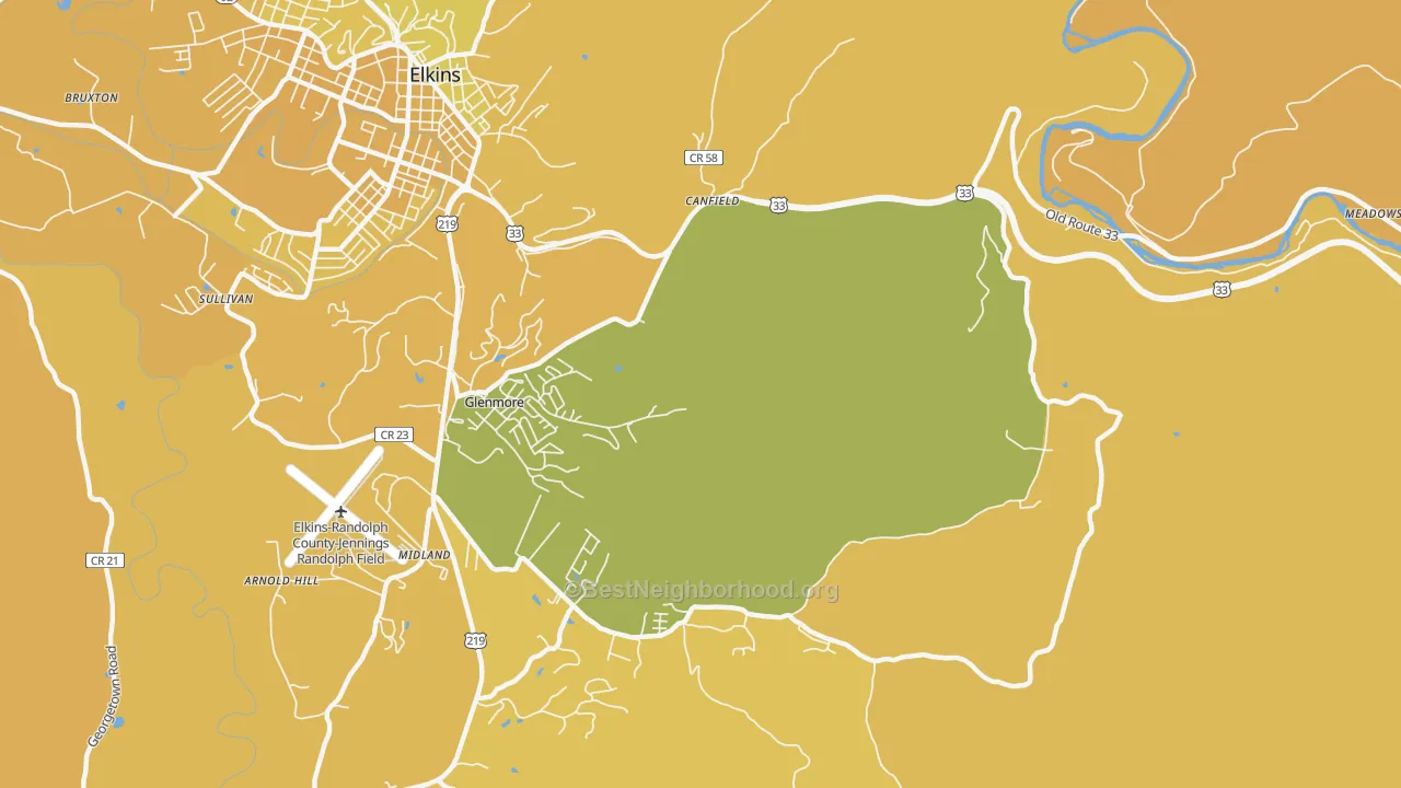 Map of the best neighborhoods in the Glenmore area, with better matches in green and worse matches in red