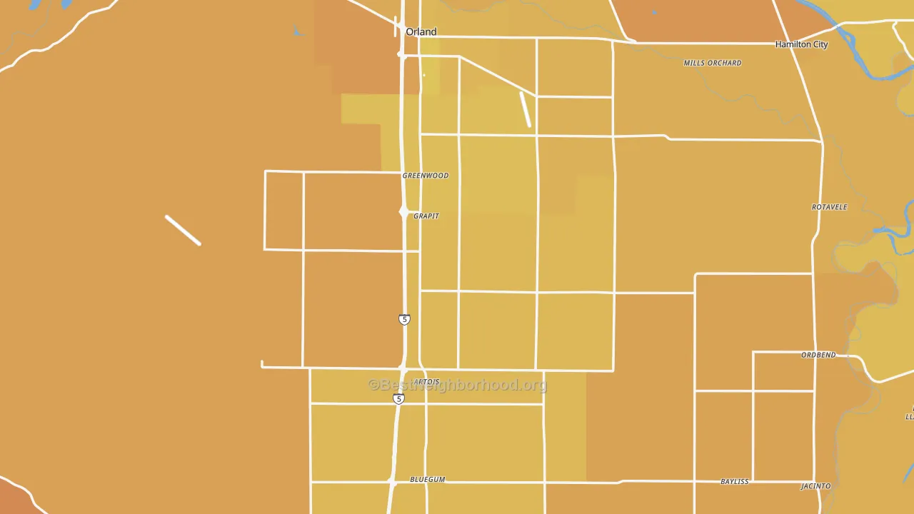 Map of the best neighborhoods in the Glenn County area, with better matches in green and worse matches in red