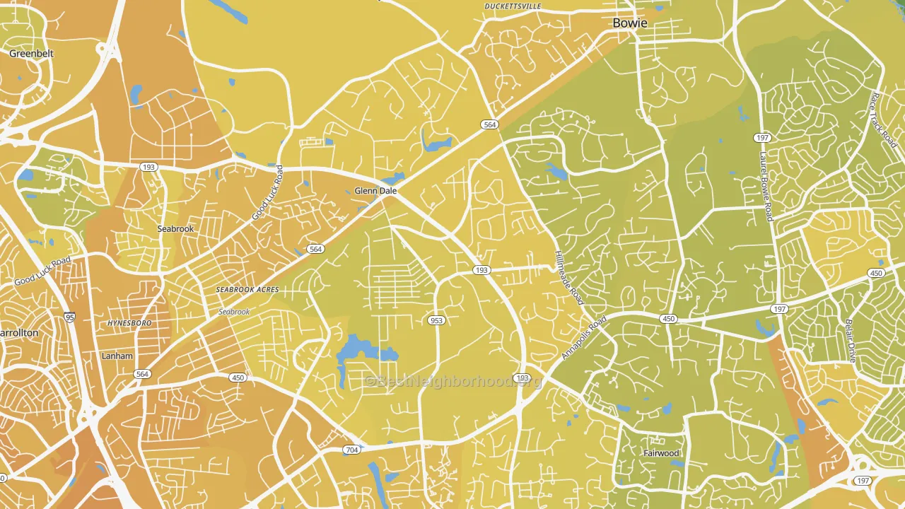 Map of the best neighborhoods in the Glenn Dale area, with better matches in green and worse matches in red