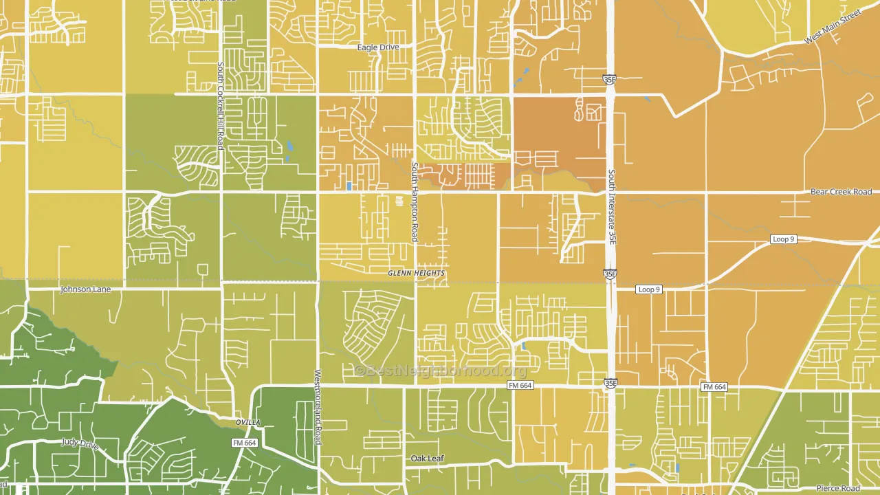 Map of the best neighborhoods in the Glenn Heights area, with better matches in green and worse matches in red