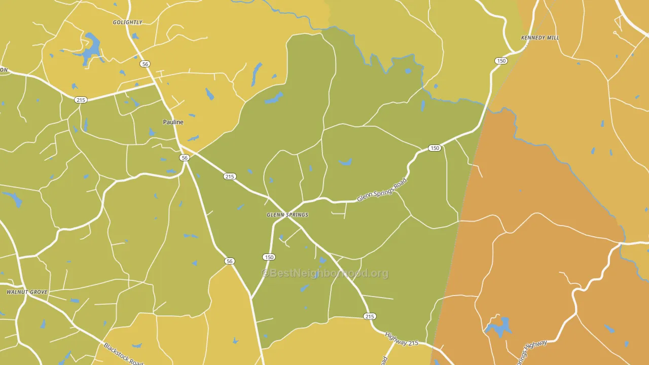 Map of the best neighborhoods in the Glenn Springs area, with better matches in green and worse matches in red