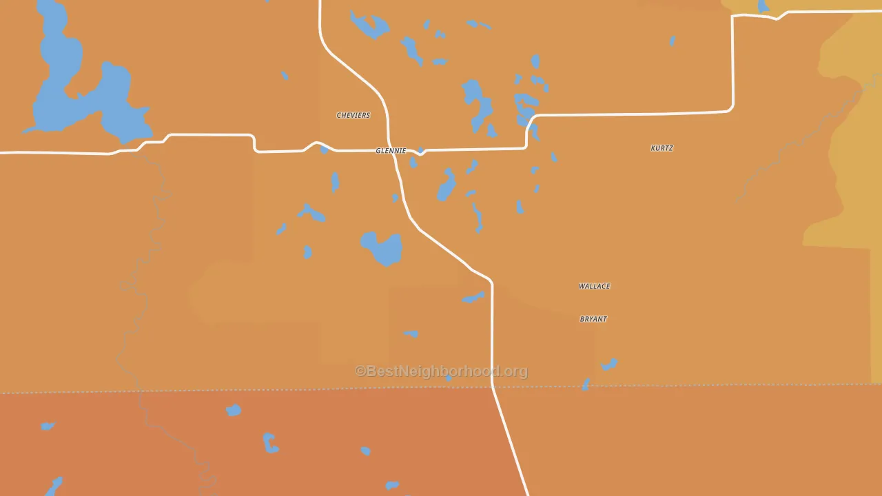 Map of the best neighborhoods in the Glennie area, with better matches in green and worse matches in red