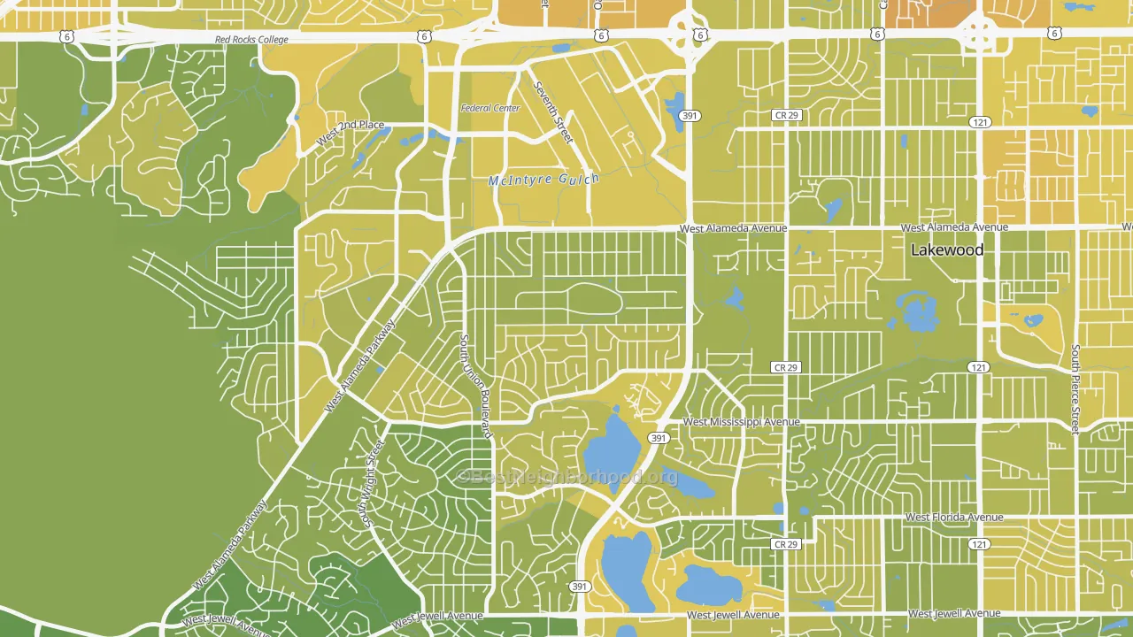 Map of the best neighborhoods in the Glennon Heights, Lakewood area, with better matches in green and worse matches in red