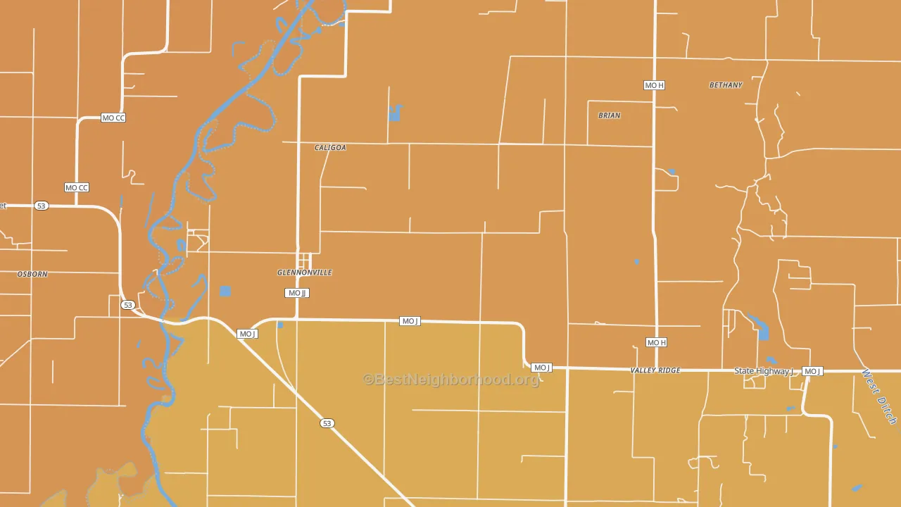 Map of the best neighborhoods in the Glennonville area, with better matches in green and worse matches in red