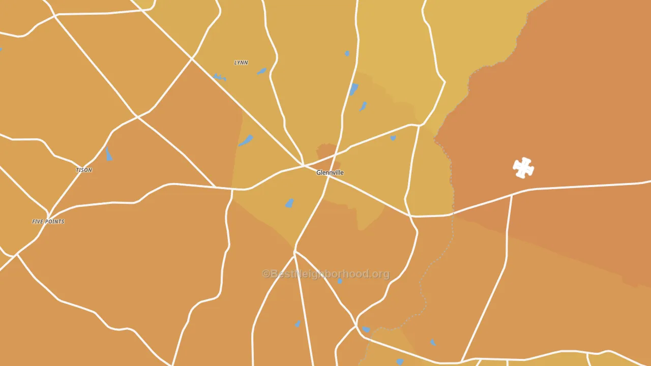 Map of the best neighborhoods in the Glennville area, with better matches in green and worse matches in red