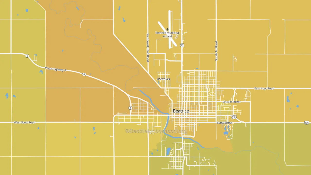 Map of the best neighborhoods in the Glenover area, with better matches in green and worse matches in red